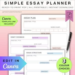 Simple Essay Planner & Checklist | Printable Essay Writing Template for Students | Essay Outline | Canva Template | A4 Digital Download PDF