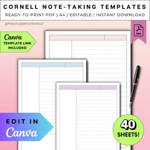 Sjabloon Cornell-methode voor het maken van aantekeningen voor studenten | Afdrukbaar notitiepapier | Dot, raster, gelinieerd papier | Bewerkbaar canvas | A4-pdf-bestand | Digitale download
