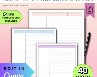Cornell Method Student Note-Taking Template | Printable Note Paper | Dot, Grid, Lined Paper | Canva Editable | A4 PDF | Digital Download