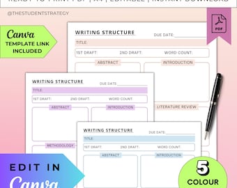 Modello di scrittura di tesi semplice / Pianificatore di tesi per studenti / Modello di riepilogo / Canva modificabile / PDF A4 / Download digitale