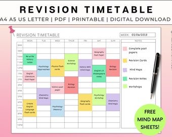 Calendrier de révision | Horaire d'étude | Modèle d'horaire imprimable pour les étudiants | A4 A5 US Lettre | Téléchargement numérique