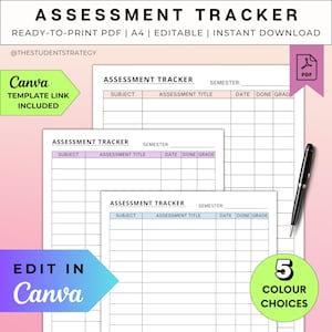 Simple Assessment Tracker Sheet | Printable Exam Schedule For Students | Grade Tracker | Exam Prep | Canva Editable | A4 Digital PDF