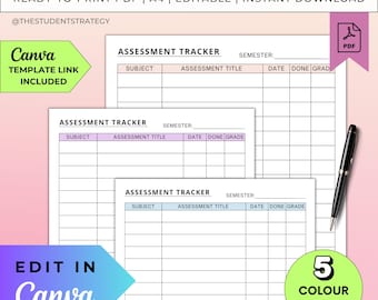 Einfaches Bewertungs-Tracker-Blatt | Druckbarer Prüfungsplan für Studenten | Grade-Tracker | Prüfungsvorbereitung | Canva Bearbeitbar | A4 Digitales PDF