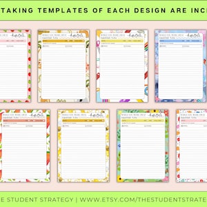 May include: Eight colorful note-taking templates with various decorative borders, including fruits, bees, and flowers. Each template features the text "WHILE YOU WERE AWAY" and lined spaces for notes. The text "NOTE-TAKING TEMPLATES OF EACH DESIGN ARE INCLUDED" is at the top.