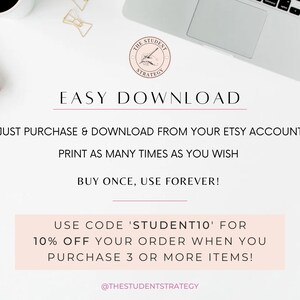 May include: White background with text: "EASY DOWNLOAD" and "JUST PURCHASE & DOWNLOAD FROM YOUR ETSY ACCOUNT". Includes a laptop, coffee cup, and pink notebook. The text also says "PRINT AS MANY TIMES AS YOU WISH" and "BUY ONCE, USE FOREVER!"