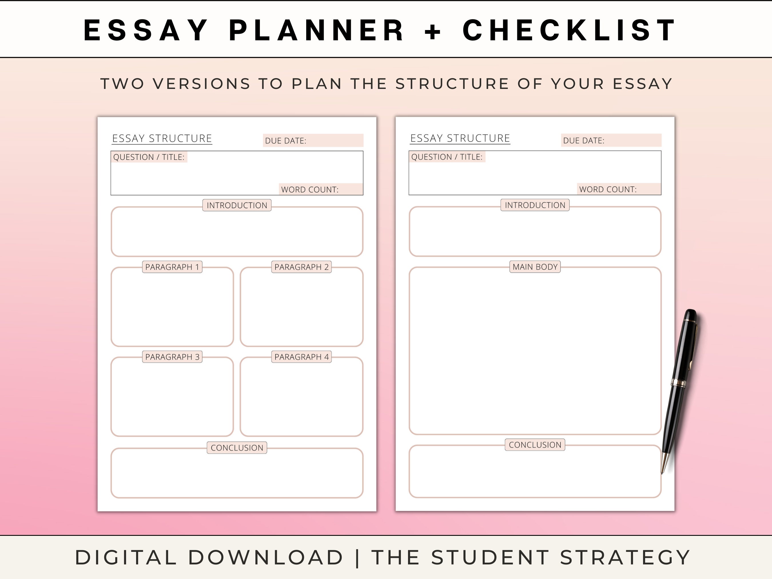 Simple Essay Planner &amp; Checklist Printable Essay Writing Template for ...