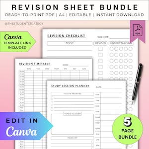 Lot de feuilles de révision | Calendrier de révision et liste de contrôle | Planificateur de session d'étude | Modèle de résumé | Toile modifiable | PDF numérique A4