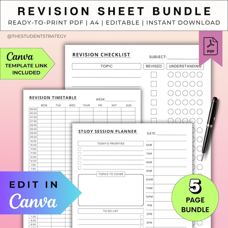 Revision Sheet Bundle | Revision Timetable & Checklist | Study Session Planner | Summary Template | Canva Editable | A4 Digital PDF image 1