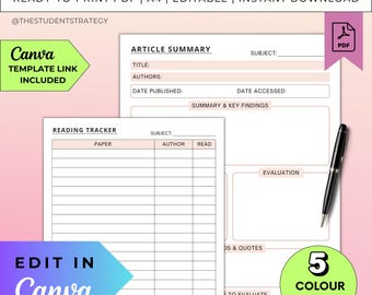 Artikelzusammenfassung & Leselog-Bundle | Druckbare zusammenfassende Vorlage für Studenten | Canva Bearbeitbar | A4 PDF| Digitaler Download