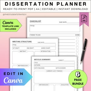Simple Dissertation Planner | Dissertation Writing Plan For Students | Article Summary Template | Canva Editable | A4 PDF | Digital Download