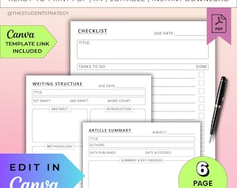 Planner semplice per tesi / Piano di scrittura di tesi per studenti / Modello di riepilogo dell'articolo / Canva modificabile / PDF A4 / Download digitale