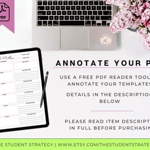 May include: A digital planner template on a tablet with a black stylus, a laptop, and a bouquet of pink flowers. The text on the image reads "ANNOTATE YOUR PDF" and "FIVE-YEAR Plan". The image also includes the Etsy shop's logo and website address.