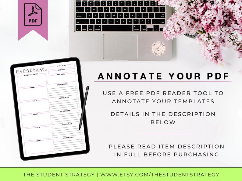 May include: A digital planner template on a tablet with a black stylus, a laptop, and a bouquet of pink flowers. The text on the image reads "ANNOTATE YOUR PDF" and "FIVE-YEAR Plan". The image also includes the Etsy shop's logo and website address.