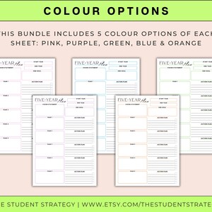 May include: Five-Year Plan sheets in pink, purple, green, blue, and orange. Each sheet includes sections for a vision statement, end goal, and action plan. The text at the top says "COLOUR OPTIONS" and "THIS BUNDLE INCLUDES 5 COLOUR OPTIONS OF EACH SHEET: PINK, PURPLE, GREEN, BLUE & ORANGE."