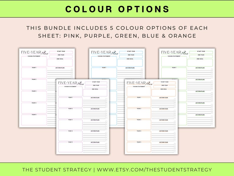May include: Five-Year Plan sheets in pink, purple, green, blue, and orange. Each sheet includes sections for a vision statement, end goal, and action plan. The text at the top says "COLOUR OPTIONS" and "THIS BUNDLE INCLUDES 5 COLOUR OPTIONS OF EACH SHEET: PINK, PURPLE, GREEN, BLUE & ORANGE."