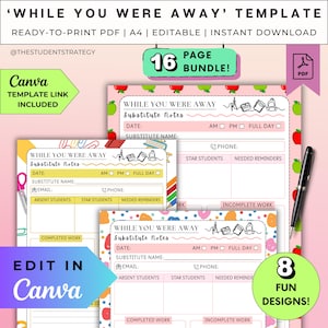 Peut inclure: Un ensemble de modèles de notes de remplacement "While You Were Away" imprimables. Les modèles présentent un design coloré avec le texte "While You Were Away Substitute Notes". Le lot comprend 16 pages et 8 designs amusants. Modifiable dans Canva.