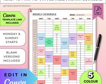 Half-Hour Weekly Schedule | Printable Timeblocking Template | Week at a Glance | Weekly Hour Tracker | Canva Editable | A4 Digital PDF