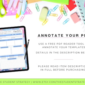 May include: A digital tablet displaying a "While You Were Away" substitute notes template, with a stylus. The image includes text: "ANNOTATE YOUR PDF" and "USE A FREE PDF READER TOOL TO ANNOTATE YOUR TEMPLATES". Various stationery items are scattered around the tablet.
