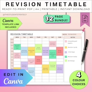 Revision Timetable | Time Blocking Study Schedule | Printable Timetable Template for Students | Canva Template | A4 PDF | Digital Download