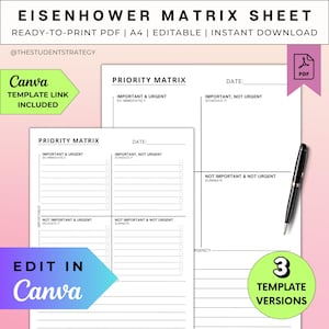 Matriz de Eisenhower / Plantilla de matriz de prioridad de tareas / Planificador de prioridades imprimible / Editable en Canva / PDF A4 / Descarga digital