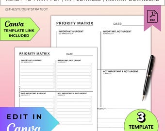 Eisenhower-Matrix | Aufgabenprioritäten-Matrix-Vorlage | Druckbare Prioritäten Planer Blatt | Canva Bearbeitbar | A4 PDF | Digitaler Download