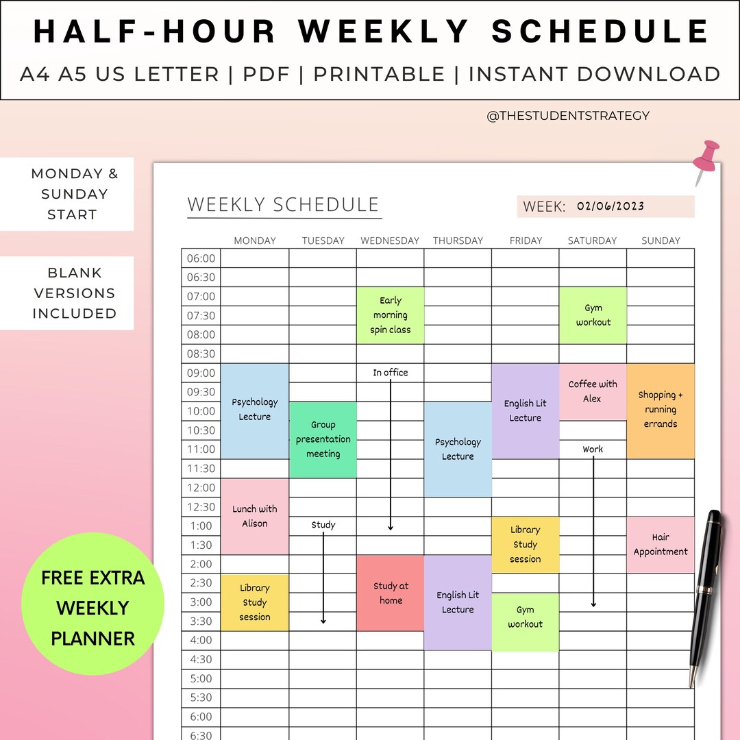 Half hour Weekly Schedule Template Printable Weekly Planner Time