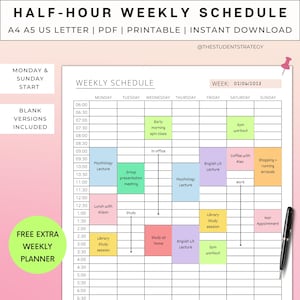 Plantilla de horario semanal de media hora / Planificador semanal imprimible / Bloqueo de tiempo / Resumen de la semana / Tamaño carta A4 A5 EE. UU. / PDF / Descarga digital