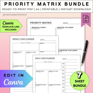 Task Priority Matrix Bundle | Eisenhower Matrix | Daily & Weekly Priority Planner | Productivity Plan | Canva Template | A4 Digital PDF
