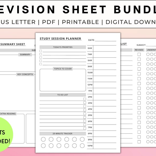 Revisionsbogen Bundle | Revisionszeitplan & Checkliste | Studienplaner | Zusammenfassung Vorlage | A4 A5 US Letter | Digitaler Download