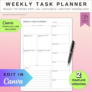 Planner settimanale delle priorità / Matrice di Eisenhower / Matrice delle priorità delle attività / Programma settimanale / Elenco delle cose da fare / Canva modificabile / PDF digitale A4