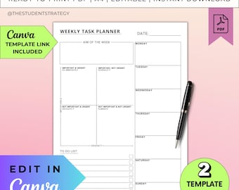 Wekelijkse prioriteitsplanner | Eisenhower-matrix | Prioriteitenmatrix taak | Wekelijks schema | Takenlijst | Bewerkbaar canvas | A4 digitale pdf