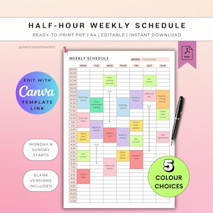 Half-Hour Weekly Schedule | Printable Timeblocking Template | Week at a Glance | Weekly Hour Tracker | Canva Editable | A4 Digital PDF
