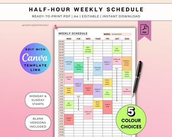 Wochenplan (Halbstunden) | Druckbare Zeitblockvorlage | Wochenübersicht | Wöchentlicher Stundenzähler | Canva-bearbeitbar | Digitales A4-PDF