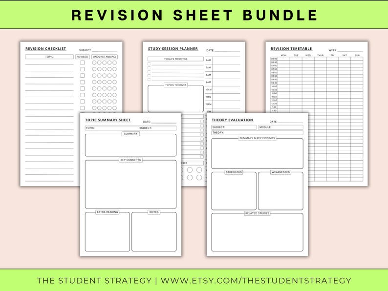 Revision Sheet Bundle | Revision Timetable & Checklist | Study Session Planner | Summary Template | Canva Editable | A4 Digital PDF image 2