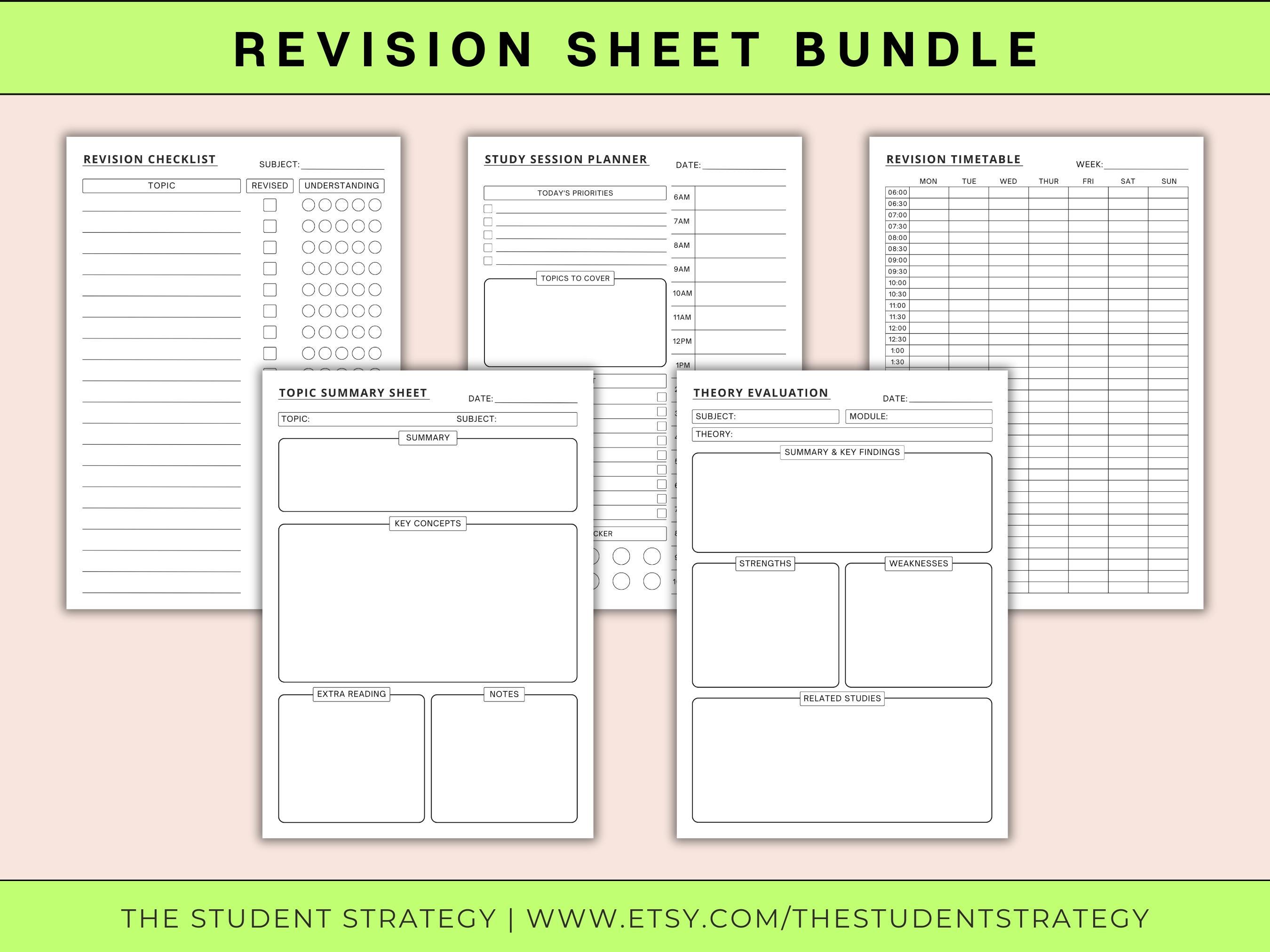 Revision Sheet Bundle | Revision Timetable & Checklist | Study Session ...