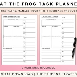 Eat The Frog Daily Task Priority Planner Hourly Time Blocking Schedule Stop Procrastinating A4 A5 US Letter Digital Download image 2