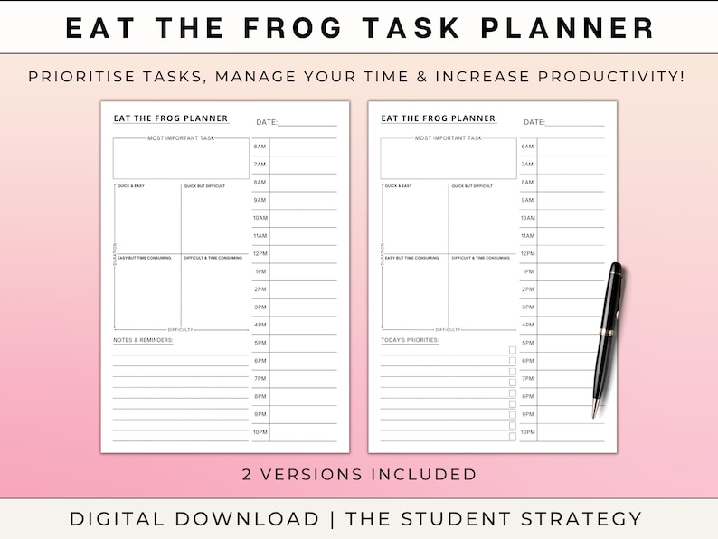 Eat The Frog Daily Task Priority Planner Hourly Time Blocking Schedule Stop Procrastinating A4 A5 US Letter Digital Download image 2