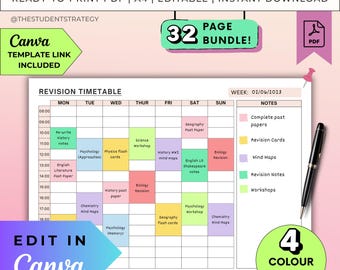 Revision Timetable | Time Blocking Study Schedule | Printable Timetable Template for Students | Canva Editable | A4 PDF | Digital Download