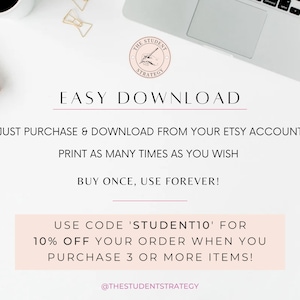 May include: A white background with a laptop, notebook, and coffee cup. Text reads "EASY DOWNLOAD" and details about purchasing and printing digital items. Includes a discount code for multiple purchases.