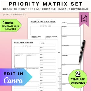 Matriz de prioridad de tareas / Planificador de prioridades diarias y semanales / Matriz de Eisenhower / Planificador de productividad / Editable en Canva / PDF digital A4