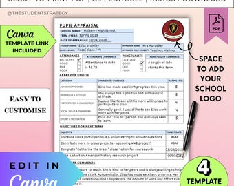 Schüler Bewertung Vorlage | Lehrer-Feedback-Formular | Druckbare Leistungsbeurteilung für Studenten | Schulzeugnis | Canva Bearbeitbar | A4-PDF