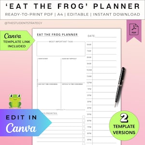 Eat The Frog | Daily Task Priority Planner | Hourly Time Blocking Schedule | Stop Procrastinating | Canva Editable | A4 | Digital Download