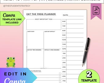 Fröschchen essen | Plan für tägliche Aufgabenpriorität | Stundenplan für Blockaden | Hör auf zu zögern | Canva Bearbeitbar | DIN A4 | Digitaler Download