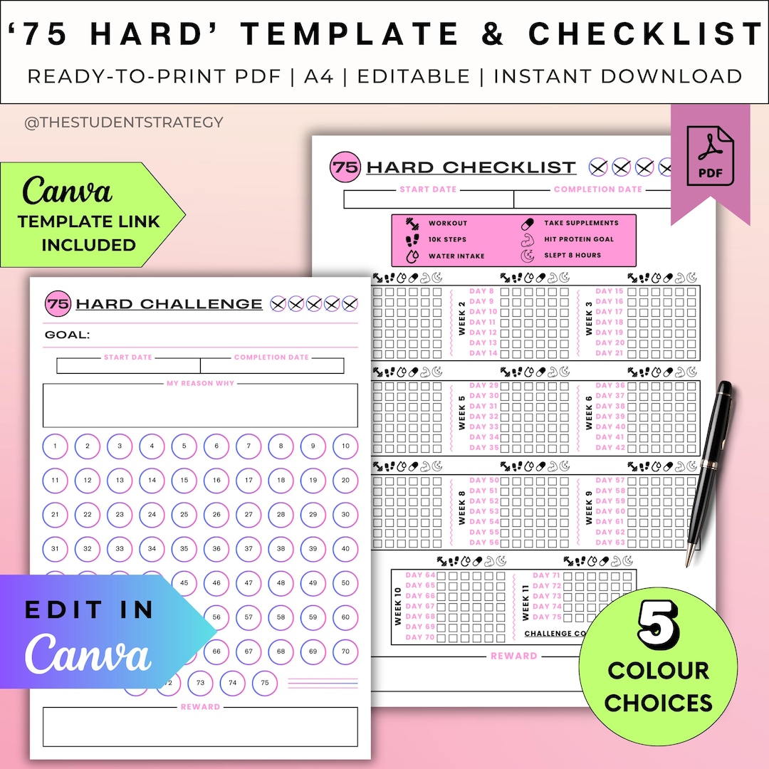 75 Hard Checklist & Habit Tracker Template Set | 75 Hard Challenge ...