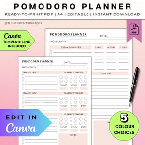Pomodoro Planner | Daily Productivity Planner | Pomodoro Method | Printable Time Management Template | Canva Editable | Digital A4 PDF