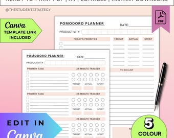Pomodoro Planner | Daily Productivity Planner | Pomodoro Method | Printable Time Management Template | Canva Editable | Digital A4 PDF