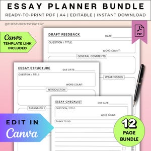 Essay Planner Bundle | Student Essay Writing Templates | Printable Essay Outline Planner | Canva Editable | A4 PDF | Digital Download