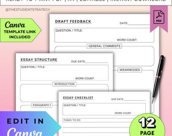 Essay Planner Bundle | Student Essay Writing Templates | Printable Essay Outline Planner | Canva Editable | A4 PDF | Digital Download