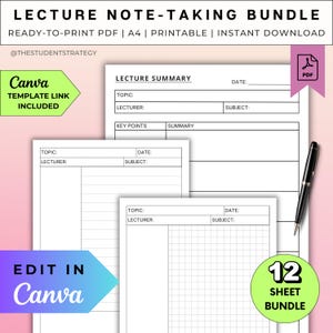 Lecture Notes Template Pack | Printable Cornell Note-Taking for Students | Dot Grid Lined Paper | Canva Template | A4 PDF | Digital Download