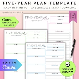 May include: Printable five-year plan templates in A4 size, featuring sections for vision, goals, and action plans. The templates are editable in Canva and available for instant download. Includes a choice of five colours.